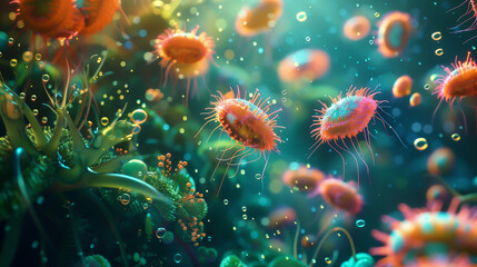 Synthetic biology bioengineered organisms showcased under cinematic lighting, detailed close-up - obrazy, fototapety, plakaty