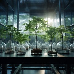 Trees growing in a lab for reforestation research, showcased under powerful, cinematic light to highlight sustainability, for environmental efforts - obrazy, fototapety, plakaty