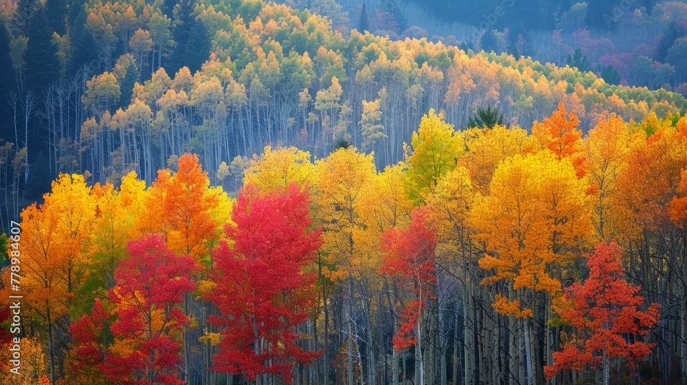 Poster a beautiful autumn scene with trees in full color. the trees are in a forest and the colors are vibr