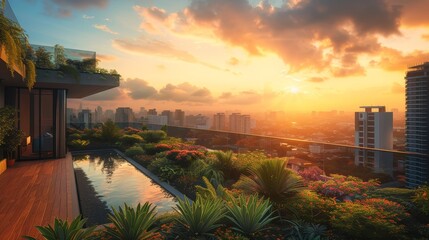 A beautiful view of a city with a large pool and a sunset in the background