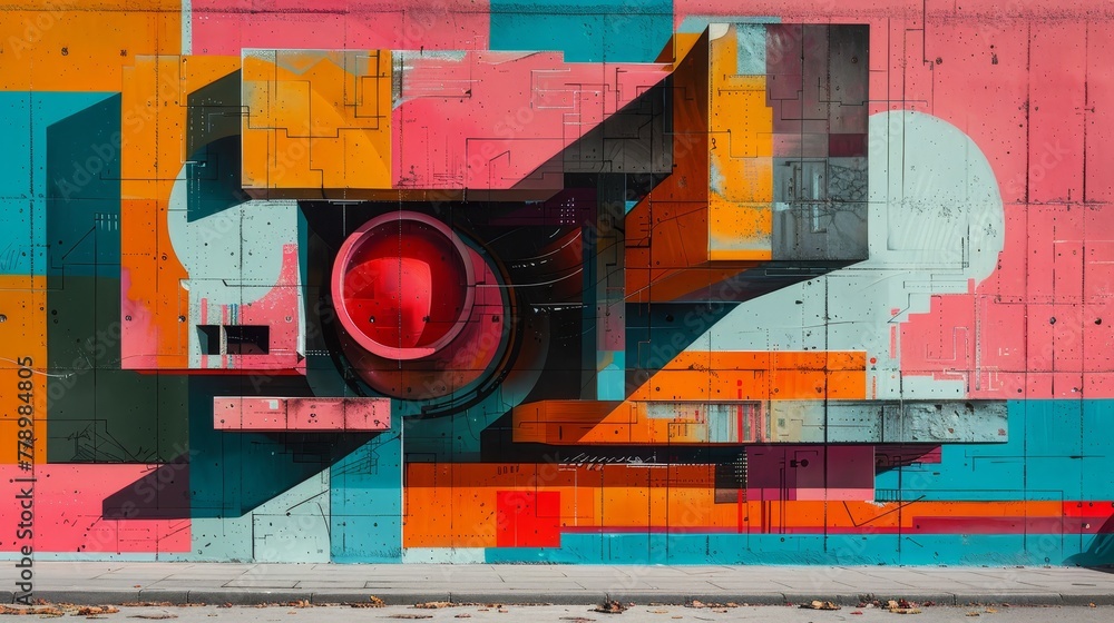 Poster a colorful mural with a red circle in the middle. the mural is made up of different colored squares 
