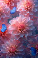 Pink Chrysanthemum flowers with blue butterfly in garden 