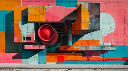 A colorful mural with a red circle in the middle. The mural is made up of different colored squares and rectangles