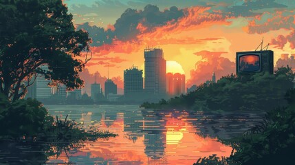 A city skyline is reflected in the water, with a sunset in the background. The image has a peaceful and serene mood, with the combination of the city and the water creating a sense of calm