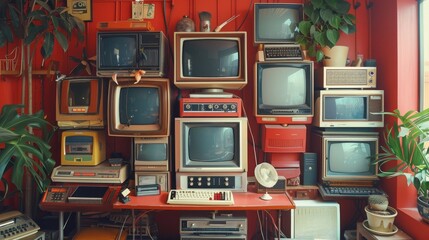 A room with many old televisions and a keyboard. The room has a vintage feel to it