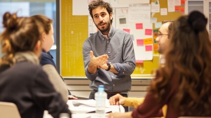 A group brainstorming session, one member standing to passionately convey an idea, showing leadership and determination.