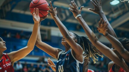 A group of diverse women basketball players in action, highlighting teamwork and athleticism.