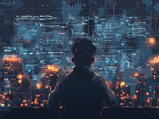 Cybersecurity Expert Analyzing Lines of Code to Detect Vulnerabilities in a Futuristic Digital Cityscape