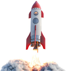 A rocket is flying through the sky with a bright orange trail behind it. The rocket is white and has a red and silver nose. Concept of excitement and adventure. Generative AI
