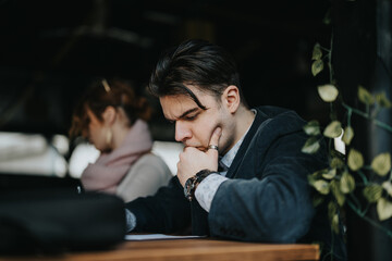 A focused male entrepreneur deep in thought at a cafe, portraying determination and strategy.