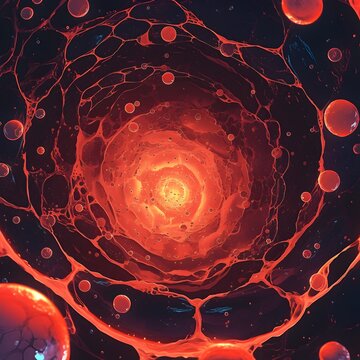 Aerial View of Chief Cells Releasing Glowing Red Pepsinogen Enzyme Precursor in Detailed Gastric Digestion Process