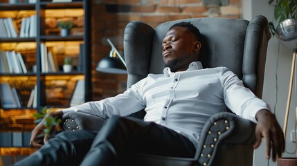 Handsome young african american psychologist man in comfortable armchair during psychological mental supporting patient session. copy space for text.