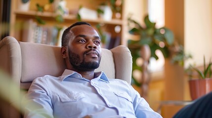 Handsome young african american psychologist man in comfortable armchair during psychological mental supporting patient session. copy space for text. - obrazy, fototapety, plakaty