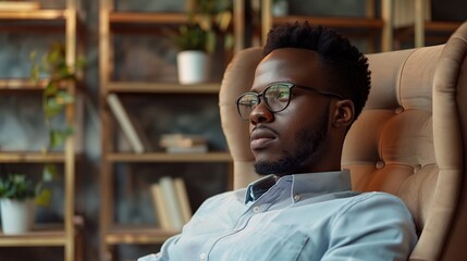 Handsome young african american psychologist man in comfortable armchair during psychological mental supporting patient session. copy space for text. - obrazy, fototapety, plakaty