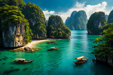 the landscape of Thailand, the ocean and many green mountains