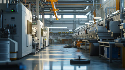 Fototapeta premium A plastic injection molding factory with injection molding machines and mold cooling systems, momentarily quiet but ready to produce plastic parts with intricate shapes