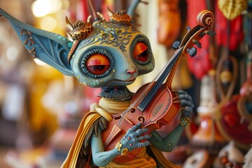 Design a stylized 3D vinyl toy of a fantasy creature playing a classical melody on a traditional instrument - obrazy, fototapety, plakaty