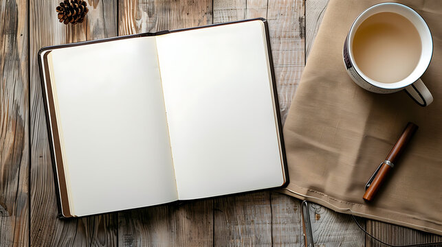 Open notebook with cup of coffee on wooden table. Top view.