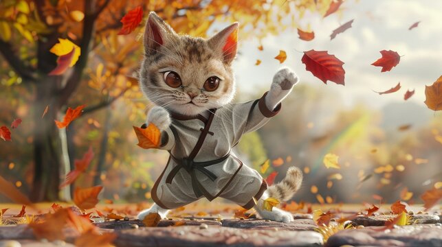 Create a 3D animation of a playful kitten character dressed in a martial arts gi