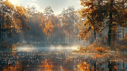 Foto op Plexiglas Captivating autumn forest scene with morning dew, sun rays, mist, and reflective lake © RECARTFRAME CH
