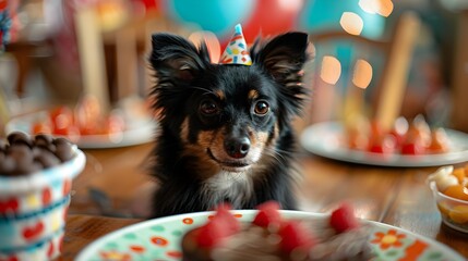 Adorable Dog Celebrating Birthday Party with Themed and Surrounded by Festive Atmosphere
