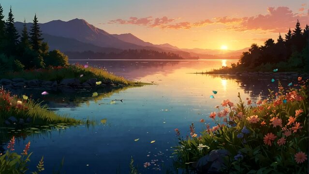 Animation of a beautiful lakeside scene, in spring, flowers blooming beautifully, as the sun rises Seamless looping 4k time-lapse animation video background