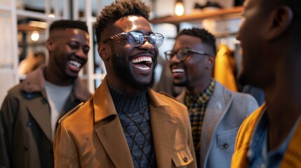 A group of friends laughing and browsing through a high-end menswear boutique, exploring fashion together.
