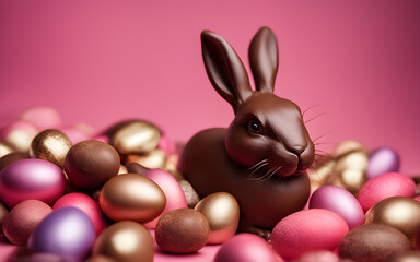 Fototapeta na wymiar Chocolate Easter eggs and bunny on pink background