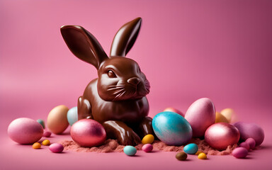 Fototapeta na wymiar Chocolate Easter eggs and bunny on pink background