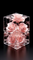 Rose glass cube abstract 3d render, on black background with copy space minimalism design for text or photo backdrop 