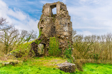 A view towards the south east tower of the castle ruins in Narberth, Pemborkeshire, Wales in...