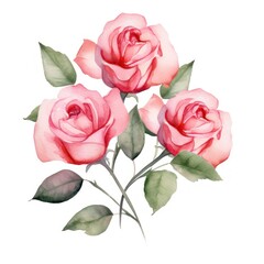 Rose roses watercolor clipart on white background, defined edges floral flower pattern background with copy space for design text or photo backdrop minimalistic 