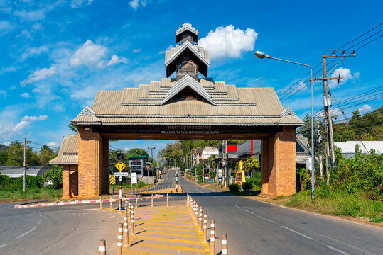 The Mae Hong Son city gate at the city limits of the  provincial capital Mae Hong Son in northern Thailand. The town is located in the Western Thanon Thong Chai Range near the border with Myanmar