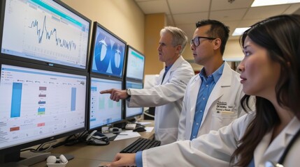 A healthcare team analyzes AI-generated data visualizations to identify patterns in patient health conditions.