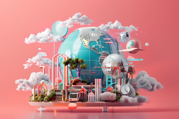 Globalizationgraphic illustration on the pink background - obrazy, fototapety, plakaty