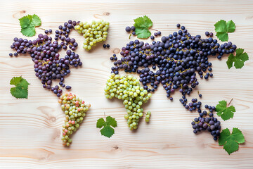 World map made of grapes. Creative flat lay, wine and world winery concept. Wine production all over the world, wine countries. Design element for infographics, sale poster, advertisement.