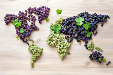 World map made of grapes. Creative flat lay, wine and world winery concept. Wine production all over the world, wine countries. Design element for infographics, sale poster, advertisement.