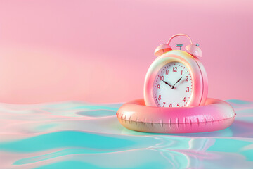 Alarm clock as an inflatable ring floating in the water on pastel background. Minimalist creative concept. Save your time, vacation and safe tourism, summer time, sport, beach, summer vacations theme.
