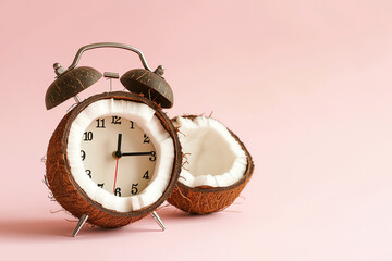 Alarm clock with half of a coconut instead clock face on pastel background. Creative minimalist concept, dieting tropical exotic healthy meal. Summertime, tropical vacation concept