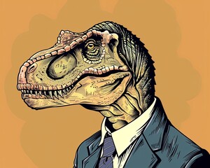 Close-up of a tyrannosaurus rex in a sharp suit, line art extremely simplified portrait , cute, simple 2d style pastel colors