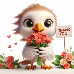 Obraz premium Cute character 3D image of Hawk with flowers and saying thanks white background