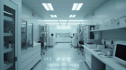 A pharmaceutical clinical research facility with patient examination rooms and dana collection stations, momentarily quiet but ready to conduct clinical trials