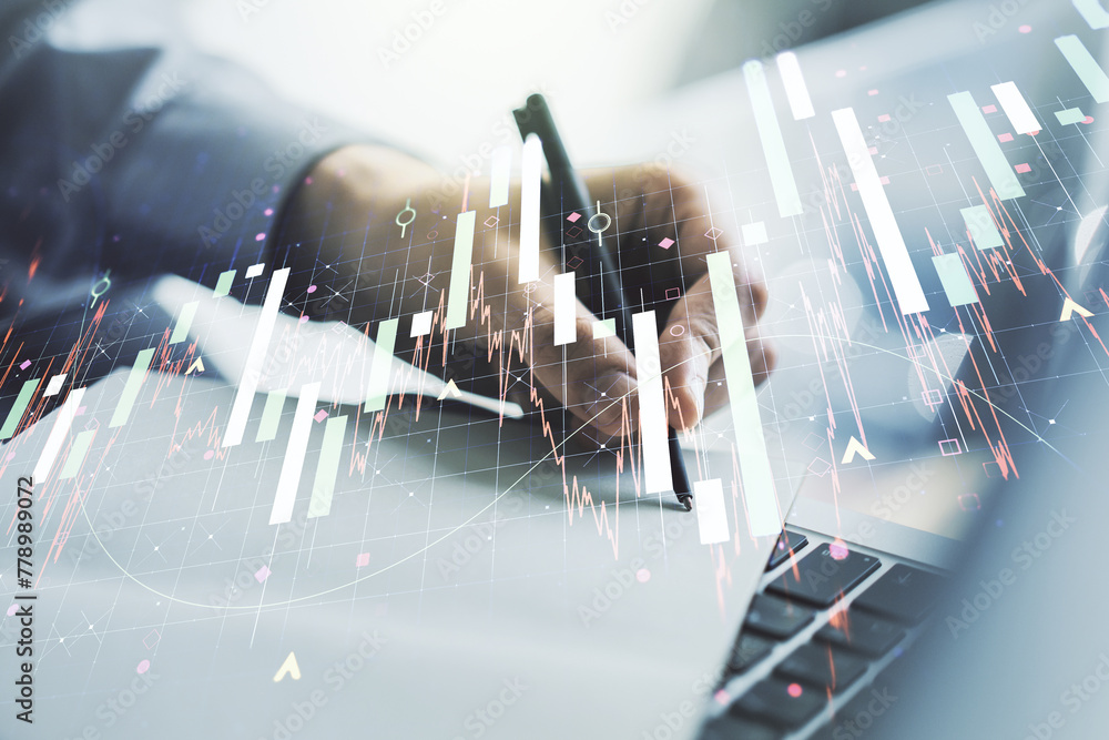 Poster multi exposure of abstract financial graph with hand writing in notebook on background, financial an