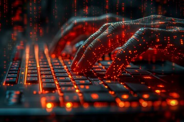 Hands typing in red digital rain like matrix