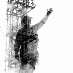 Double exposure photography of  The silhouette of a helmeted figure blends with the concrete being poured, solidifying progress,  on white background