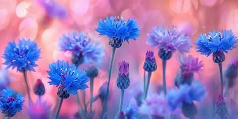 Obraz premium Blue Cornflowers in a Field of Pink and Purple Flowers with Bokeh Effect in Nature's Colorful Symphony