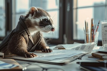 Ferret in a tailored outfit calculates load bearing for a skyscraper, realistic ,  cinematic style.