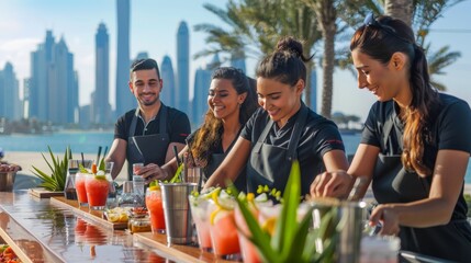 A joyful group crafting refreshing drinks with Granini Sensation, the city skyline in the backdrop.