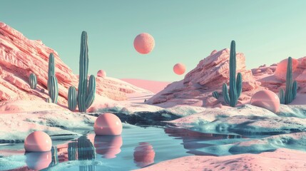 A minimalist depiction of life's journey through parallel universes, blending cactus shapes with wormholes in monochromatic backgrounds, emphasizing negative space. - obrazy, fototapety, plakaty