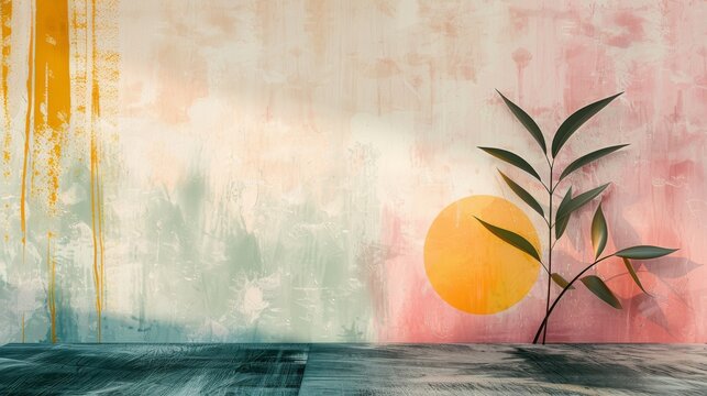 A tranquil abstract composition in pastel hues of soft pink, peach amber, yucca, and arbor green, emphasizing simplicity and negative space.